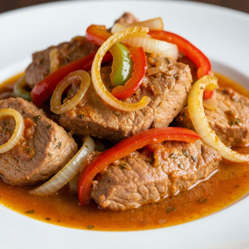 Χοιρινό με Καραμελωμένα Κρεμμύδια και Πιπεριές